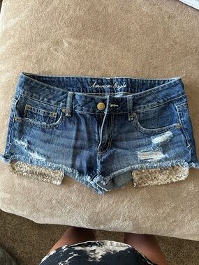 American Eagle Outfitters Blue Denim Jean Shorts with Sequin Trim